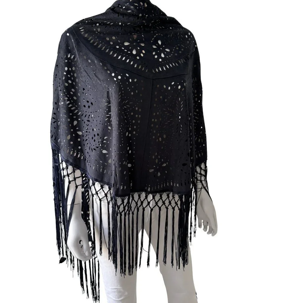 Muche et Muchette Navy Laser Cut Fringe Faux Suede Shawl NWT